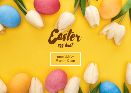 Easter Egg Hunt Announcement with Eggs and Tulips Flyer 5x7in Horizontal Design Template