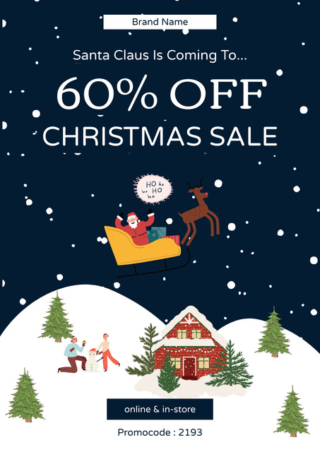 Christmas Sale Offer with Cute Holiday Illustration Poster Design Template