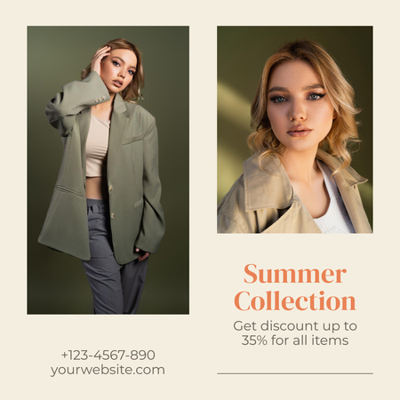 Designvorlage Junge Frau in grüner Jacke für Sommerkollektion Sale Ad für Instagram
