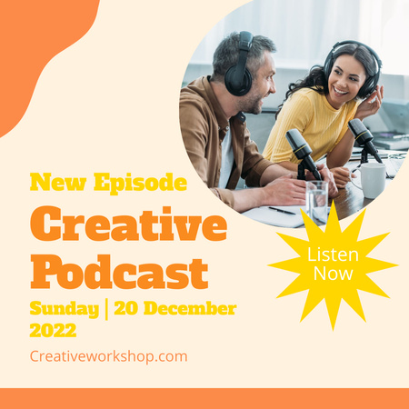 Podcast Announcement with Man and Woman in Studio Instagram Design Template