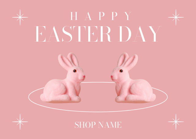 Happy Easter Day Greeting with Decorative Bunnies on Pink Card – шаблон для дизайну