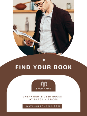 Könyvesbolt hirdetése az emberrel, aki könyvet olvas Poster US tervezősablon