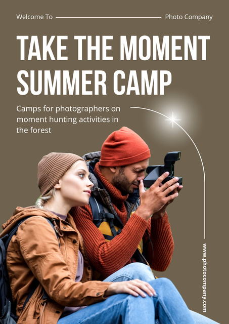 Tourist Camp Ad with Couple with Camera Poster Design Template