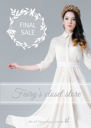 Template di design Clothes Sale Woman in White Dress Flayer