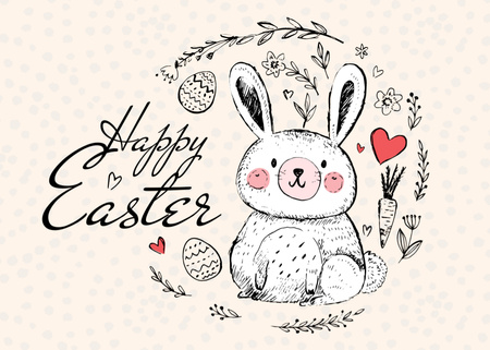 Easter Greeting With Cute Bunny Illustration Postcard 5x7in Design Template