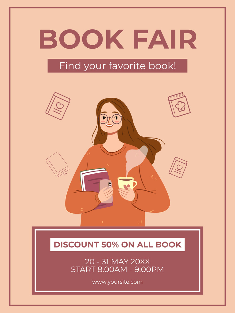 Illustrated Ad of Book Fair with Girl Poster USデザインテンプレート