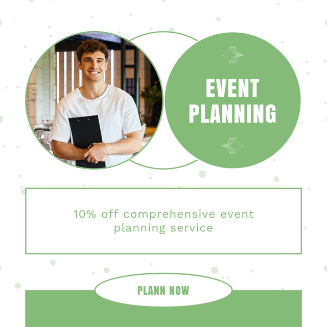 Discount on Event Planning with Smiling Planner Social media Design Template