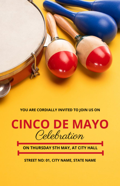Ontwerpsjabloon van Invitation 5.5x8.5in van Cinco de Mayo Celebration With Bright Maracas And Tambourine