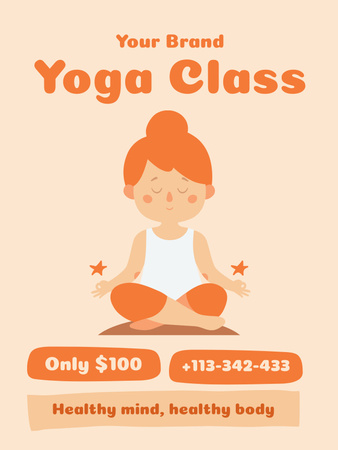Designvorlage Anzeige für Yoga-Kurse mit friedlicher Frau, die in Lotus-Pose sitzt für Poster US