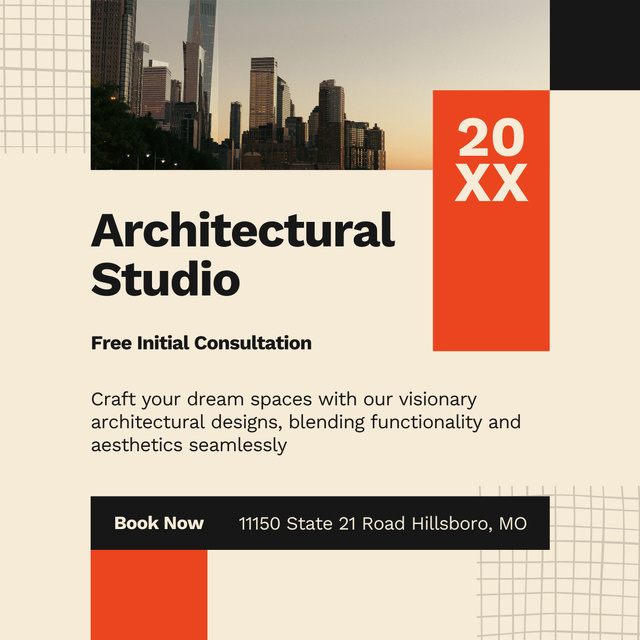 Architectural Studio Services Ad with Modern City LinkedIn post Design Template