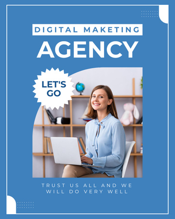 Plantilla de diseño de Oferta de servicio de agencia de marketing digital con empresaria en blusa azul Instagram Post Vertical 