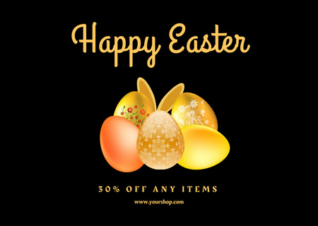 Easter Holiday Discount Announcement with Dyed Easter Eggs on Black Card Πρότυπο σχεδίασης