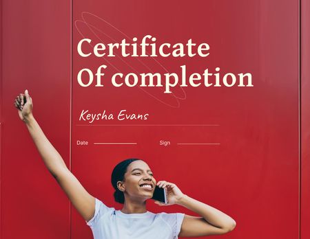 Course Completion Award with Happy Smiling Woman Certificate Design Template