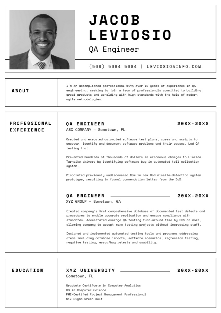 QA Engineer professional profile Resume – шаблон для дизайна