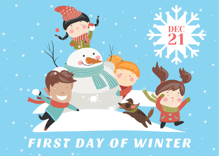 First day of winter with Happy Kids Postcard Design Template