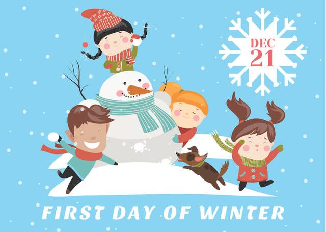 Ontwerpsjabloon van Postcard van First day of winter with Happy Kids