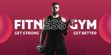 Gym Services Offer with Strong Man holding Dumbbells Twitter Design Template