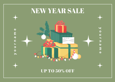 Ad of New Year Sale Green Retro Illustrated Card Design Template