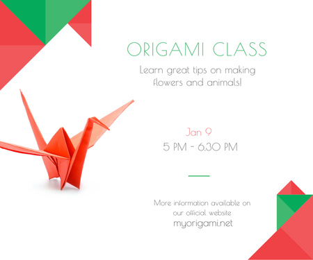 Origami Classes Invitation with Paper Crane in Red Large Rectangle Design Template