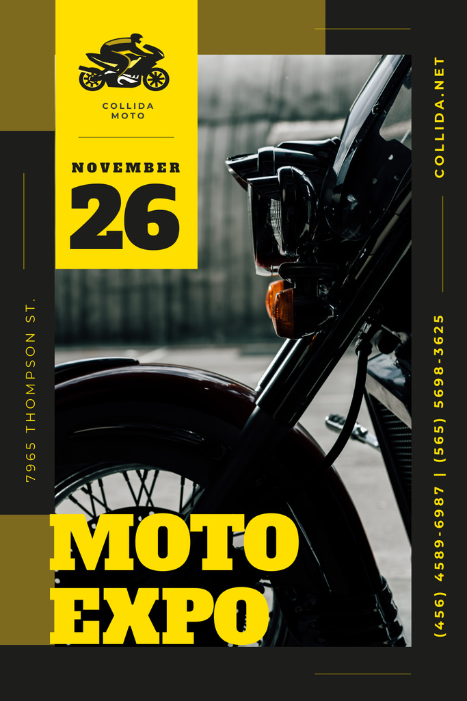 Moto Expo Announcement with Motorcycle in Black Pinterest Design Template