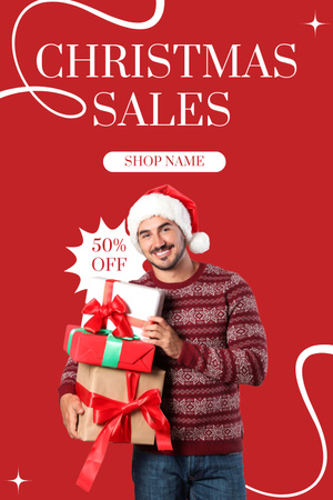 Platilla de diseño Merry Christmas Sales Man in Santa Hat Pinterest