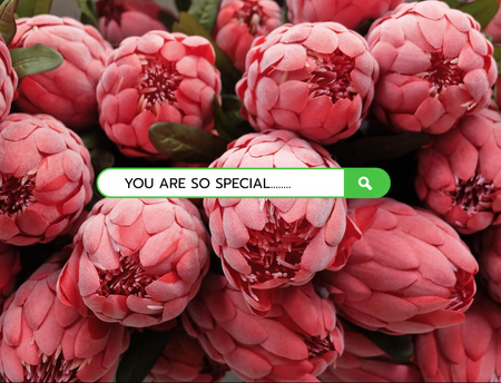 Designvorlage Adorable Love Phrase With Pink Protea Flowers für Postcard 4.2x5.5in