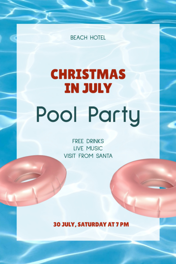 Plantilla de diseño de July Christmas Pool Party Announcement with Rings in Pool Flyer 4x6in 