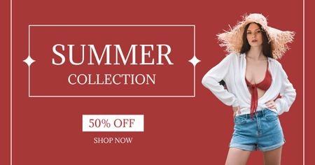 Plantilla de diseño de Summer Female Clothing Sale with Young Woman in Straw Hat  Facebook AD 