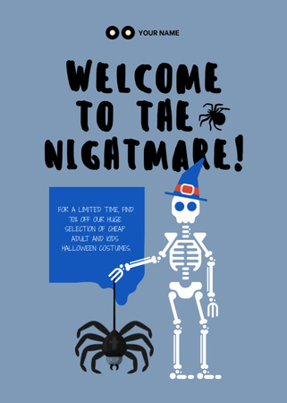 Funny Skeleton with Spider on Halloween  Flayer Design Template