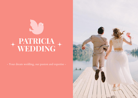 Wedding Agency Ad with Beautiful Couple on Bridge Postcard 5x7in Design Template