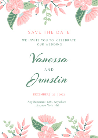 Wedding Event Announcement With Bright Pink Flowers Postcard 5x7in Vertical Šablona návrhu