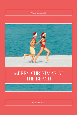 Young Couple in Christmas Santa Hats Running at Sea Beach Postcard 4x6in Vertical Design Template