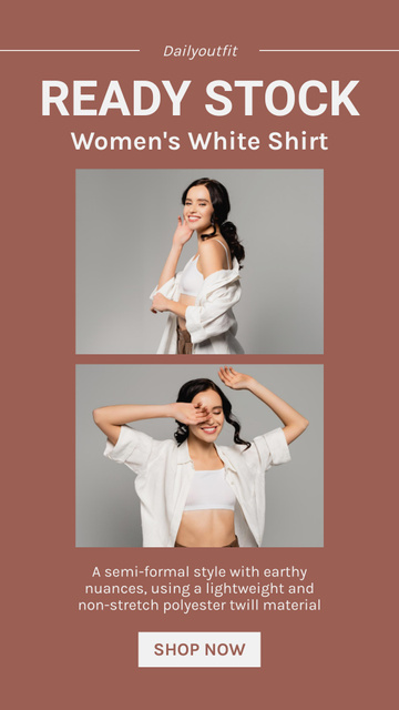 Fashion Stock Sale Anouncement with Stylish Woman in White Shirt Instagram Story Design Template