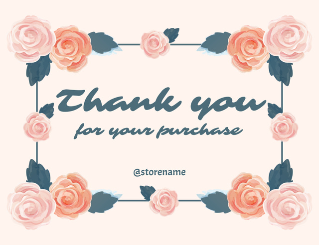 Thank You Text in Frame of Pink Roses Thank You Card 5.5x4in Horizontal – шаблон для дизайну