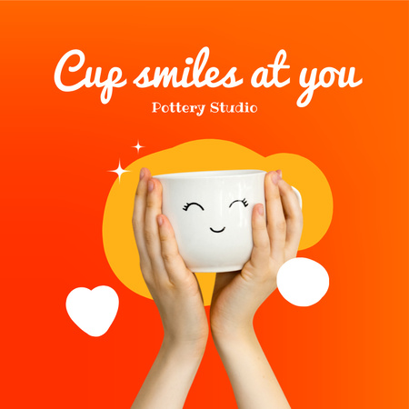 Pottery Studio Ad with Cute Smiling Ceramic Cup Instagram Design Template
