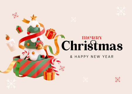 Cheerful Christmas and New Year Cheers with Decorated Tree and Presents Postcard Design Template