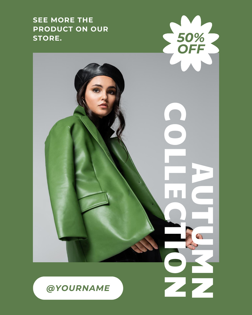 Plantilla de diseño de Green Leather Jacket With Discount From Autumn Collection Instagram Post Vertical 
