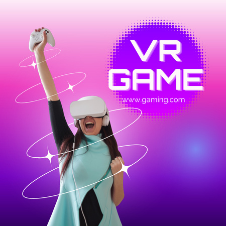 VR Game Ad with Young Woman in Glasses Instagram tervezősablon