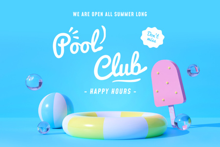 Pool Club Happy Hours Ad with Illustration Flyer 4x6in Horizontal – шаблон для дизайну