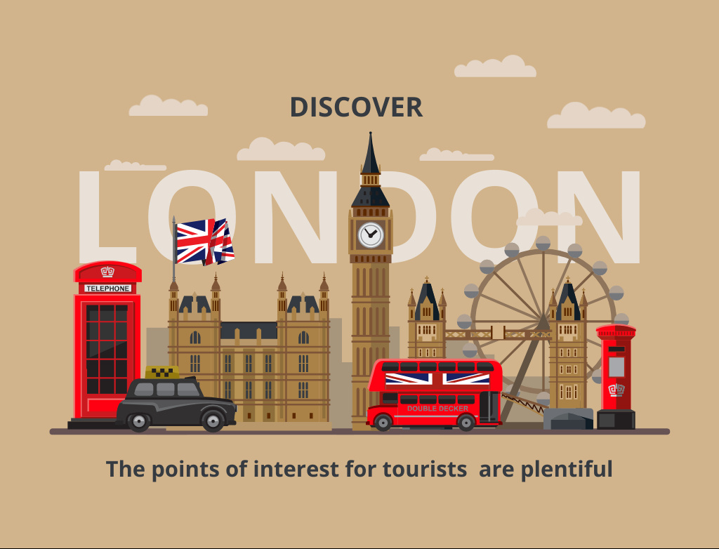 Tour to London on Beige Postcard 4.2x5.5in Πρότυπο σχεδίασης