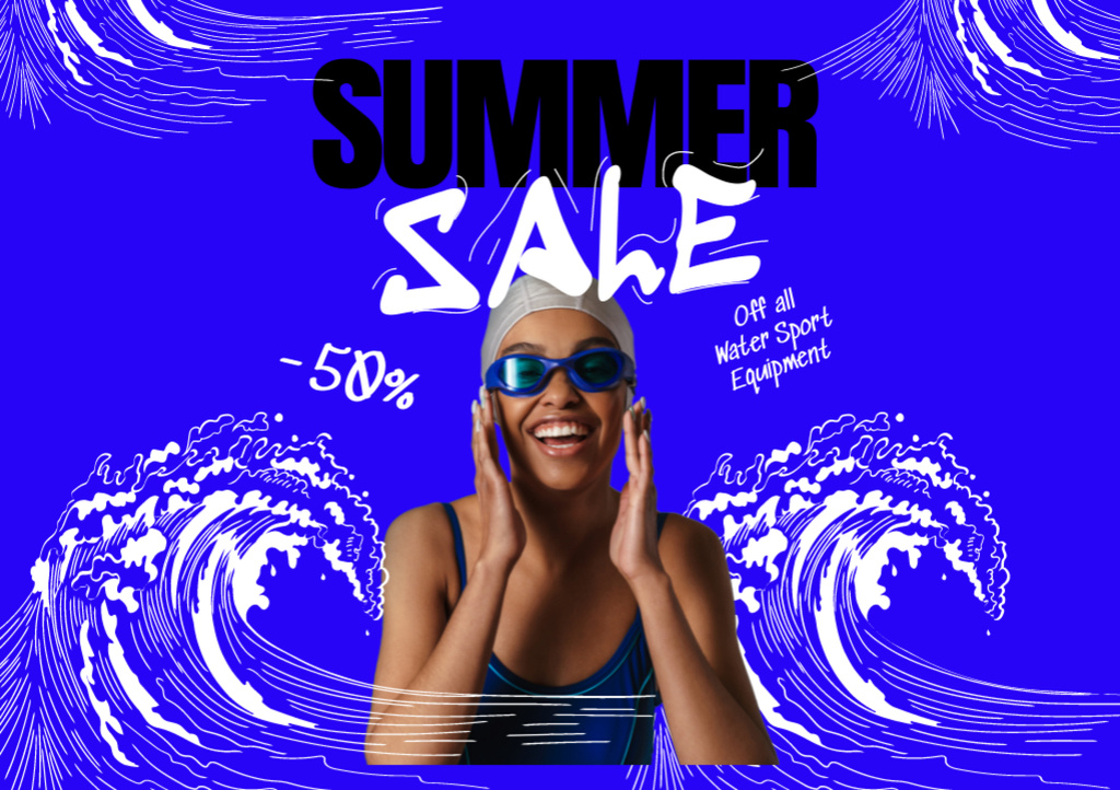 Designvorlage Water Sport Equipment Summer Sale Ad with Sea Waves in Blue für Flyer A5 Horizontal