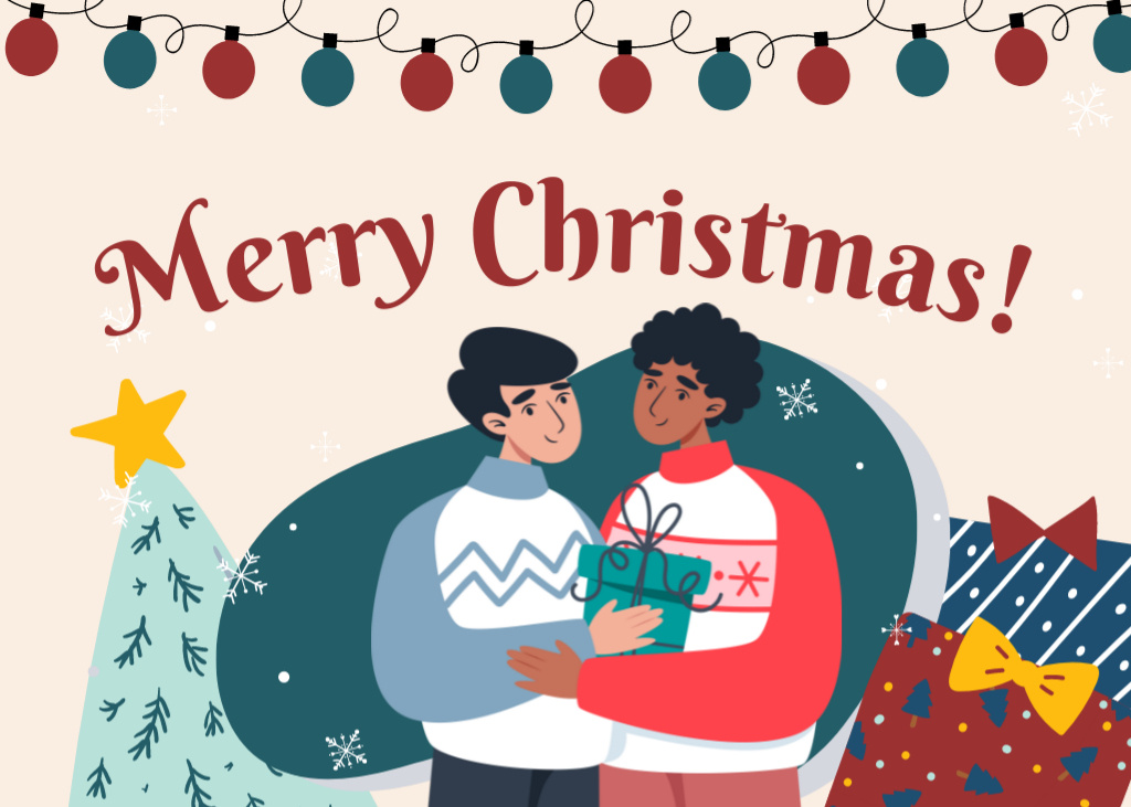 Illustration of Gay Couple Celebrating Christmas Postcard 5x7in Design Template