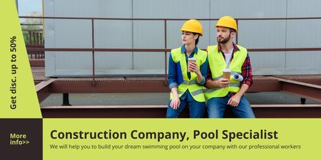 Plantilla de diseño de Oferta de empresa constructora de piscinas con constructores en uniforme Twitter 