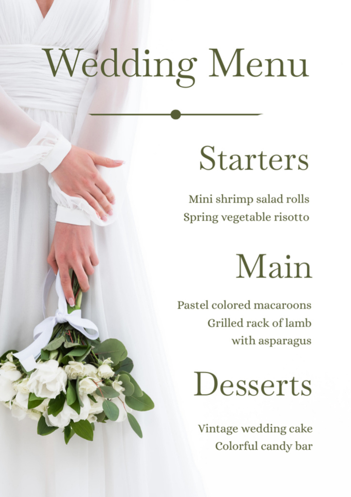 Simple White Wedding Food List with Bride Menu tervezősablon