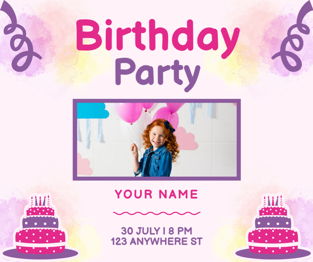 Birthday Party Invitation with Cute Little Girl Facebook Modelo de Design