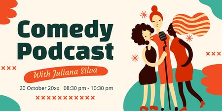 Designvorlage Comedy-Podcast mit lustigen Frauen mit Mikrofon für Twitter