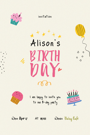 Szablon projektu Birthday Party Announcement with Cakes and Balloons Invitation 6x9in