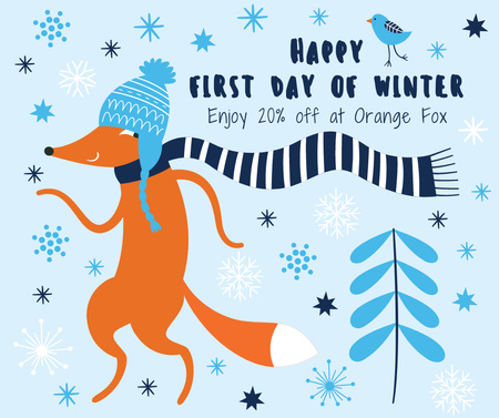 Plantilla de diseño de Primer día de saludo de invierno con lindo zorro Facebook 