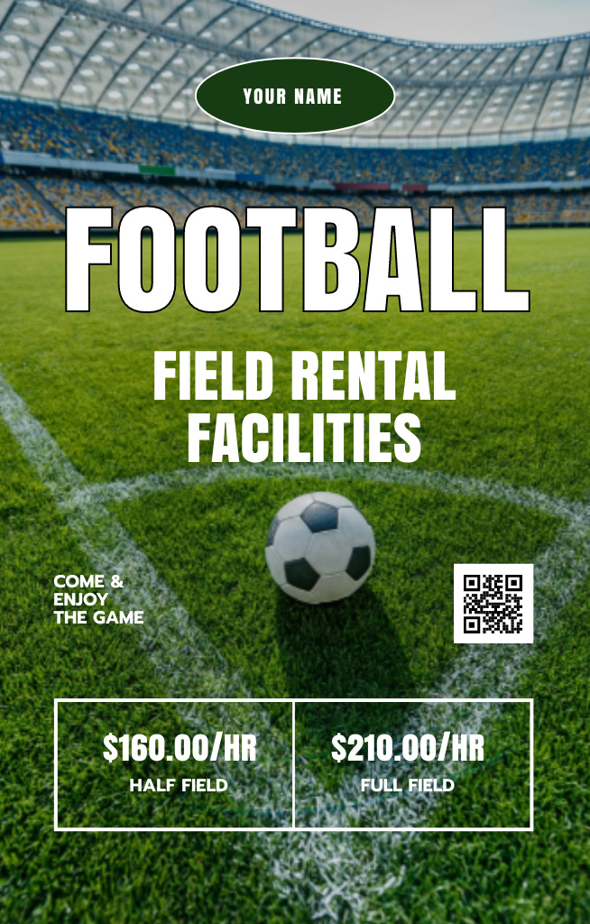 Plantilla de diseño de Football Field Rental Facilities Offer with Green Field Invitation 4.6x7.2in 
