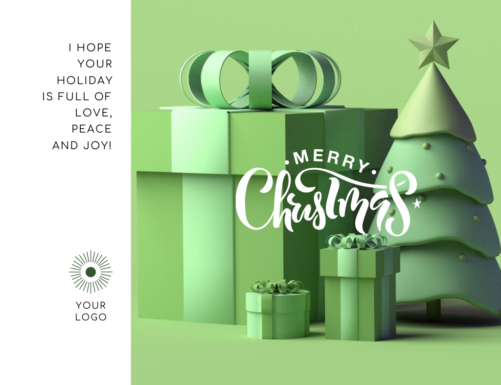 Christmas Wishes with Green 3d Illustrated Thank You Card 5.5x4in Horizontal Design Template
